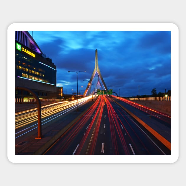 Zakim Bridge Car Trails Boston MA Sticker by WayneOxfordPh